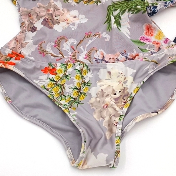 Rachel Roy Floral Print Mesh Inset Deep V-Neck One-Piece Swimsuit Fleur Silver S - Picture 5 of 12